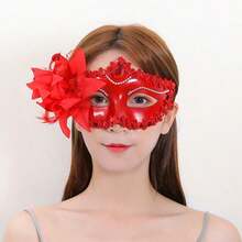 1pc Feather Sequin Masquerade Mask, Party/Halloween Costume Mask (Half Face), High-Saturation Colors + 3D Feather Decorations, Strong Visual Impact, Versatile Style, Suitable For Retro, Glamorous, Holiday And Other Themes. - Đỏ - Xem 5