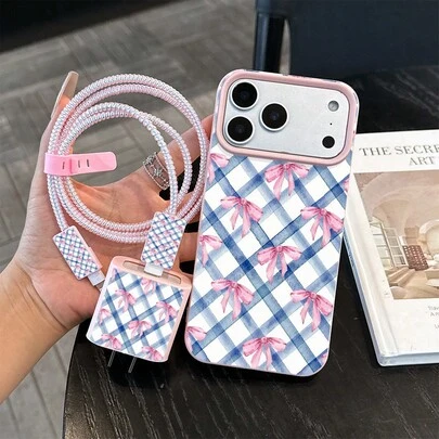 6-In-1 Set: Pink Bow Plaid Watercolor Pattern Protective Phone Case, Shock & Scratch Resistant, Elegant Texture, Charger Head & Cable Compatible With Apple 17/16/15/14/13/12/11 Series