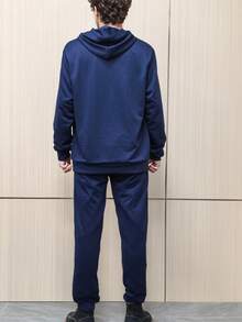 男士薄款字母印花连帽卫衣和抽绳腰带裤套装，时尚休闲运动装，带口袋，适合作为送给丈夫或男友的礼物，春秋季 - 藍色 - 查看 2