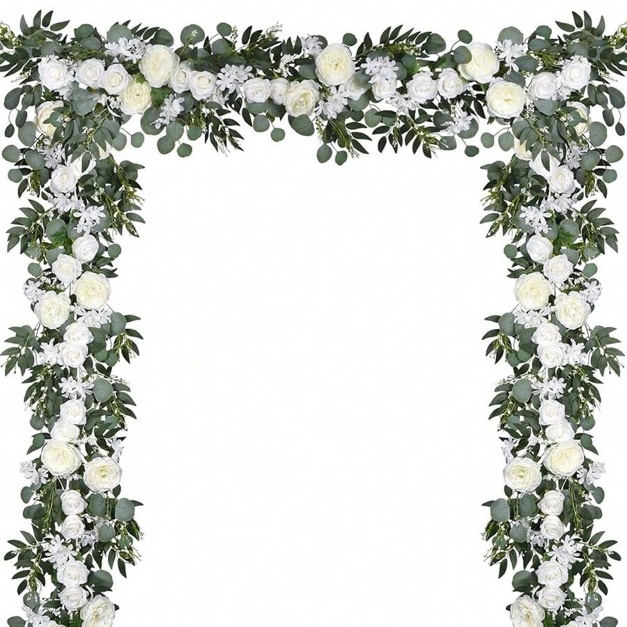 2 Pack Artificial Peony Flower Garland - 6ft Silk Peony Vine Willow Leaves And Eucalyptus Garland White Arch Flower Vine For Wedding Party Table Decoration (White) - 白色 - 查看 1