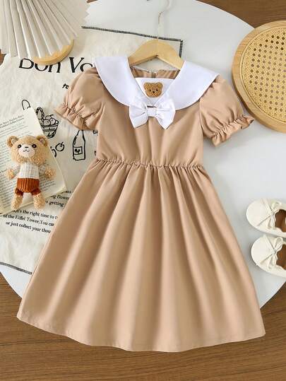 Girls' Vintage Puff Sleeve Collar Princess Dress, Designed For Girls, Decorated With Bow And Bear, Suitable For Casual Wear In Spring And Summer