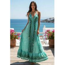 Dress, Random Print, Fabric, Backless / Bare Back, Beach - Verde - Ver 3