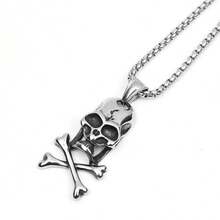 男士哥特朋克风骷髅头和交叉骨吊坠项链 - 銀色 - 查看 3