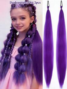 1 peça/2 peças Extensão de Peruca Trançada Colorida Roxa de 26 Polegadas para Crianças no Halloween, Acessórios de Cabelo Sintético Longo e Liso com Rabo de Cavalo Volumoso - Multicolorido - Visão 18