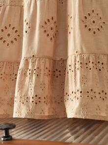 年轻女孩镂空刺绣荷叶边下摆休闲吊带裙 - 卡其色 - 查看 7