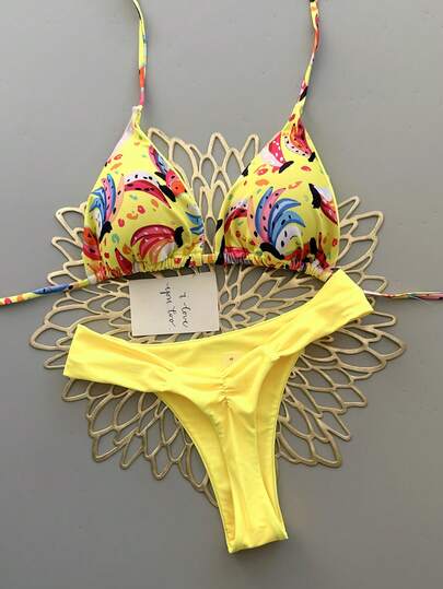 2pcs Printed Casual Cute Elegant Sexy Bohemian Tie-Up Bikini Beach Resort Swimsuit Set For Women, Spring/Summer