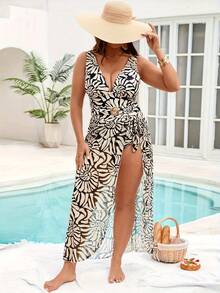 New Plus Size Allover Print One-Piece Bikini Set With Mesh Wrap Skirt, Elegant Colorblock Floral Print Beach Swimwear For Women Vacation Summer - Apricot - View 2
