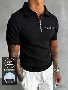 男士休闲百搭英文标语印花半拉链短袖T恤 - 黑色 - 查看 3