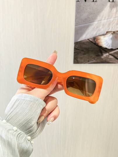 1 PC Women's Square Fashion Glasses Jelly Orange And Jelly Blue Lightweight Frame Casual Style Suitable For Beach Vacation With Glasses Box