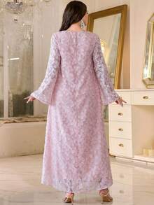 Đầm dài tay cổ chữ V kiểu Ả Rập cỡ lớn, trang trí thêu và đính cườm, chiều dài tiêu chuẩn, vải dệt, không co giãn, màu hồng, thích hợp cho kỳ nghỉ xuân. - Hồng - Xem 2