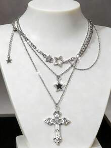3pcs/Set Vintage Gothic Style Statement Star Charm Chunky Chain Necklace Set For Women, Punk Style - 銀色 - 查看 9