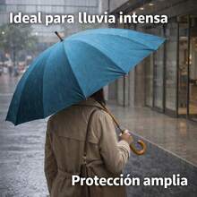 Paragua Clasica Grande Largo  Automatico Antiviento Tamaño para mujer y hombre, Impermeable, Mango Curvo, Resistente al Viento. Ideal para los dias de Lluvia.Paragua grande con mango de madera - Liso Azul - antiviento 16 varillas - Ver 6