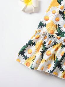 女童数码印花连衣裙，短袖轻盈时尚吊带裙，可爱雏菊印花公主裙，适合外出、派对、送礼、休闲穿着 - 黃色 - 查看 7