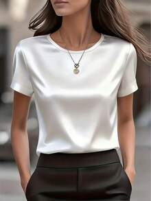 Blus Satin Lengan Pendek Leher Bulat Elegan untuk Wanita, Cocok untuk Musim Semi dan Musim Panas, Warna Putih - Putih - View 9
