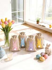 6pcs-Easter Yellow Jute Bags, Rabbit Patterned Jute Gift Bags With Drawstring, 5 X 7 Inches, Easter Jute Gift Bags With Furry Tails, Treasure Hunt Bags, Party Gift Bags, Jute Rope Easter Party Gift Bags - Multicolor - View 9
