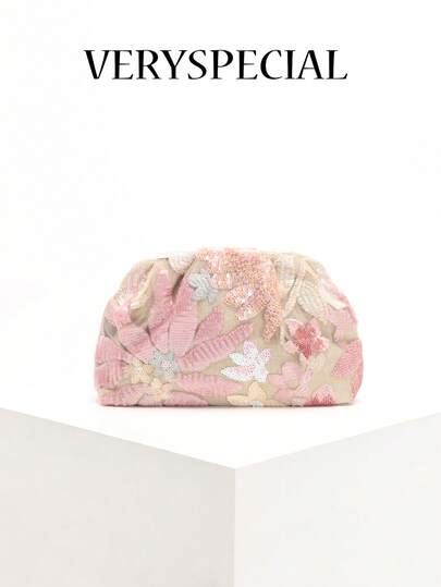 1pc Colorful PVC Sequin Flower Pattern Linen Base Mesh Embroidery Ruffle Cloud Clutch Bag, Shiny Sparkly Evening Bag For Casual, Holiday, Party Use (Flower Sequin Pattern Randomly Sent)