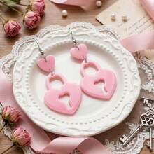 1 paire de boucles d'oreilles pendantes avec pendentif cadenas en forme de cœur, en acrylique léger, cadeau vintage Y2K pour mariage et anniversaire - Rose pâle - Voir 9
