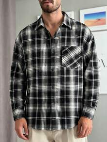 Men's Spring And Autumn Thin Checkered Long Sleeve Shirt Simple And Versatile Casual American Pocket Shirt - Black - View 8
