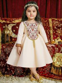 Young Girls Long Sleeve Metallic Ribbon Floral Print Satin Dress, Elegant For Birthday Party, Family Gathering, Does Not Include Headband - Champagne - View 5