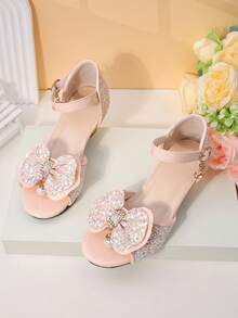 1 Pair Girls' Pink Dreamy Diamond Bow Sandals, Open Toe Low Heel, Comfortable Sparkly, Princess Style, Summer Party Shoes - Pink - View 7