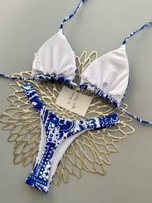 3 piezas Conjunto de bikini bohemio sexy con estampado de flores tropicales para vacaciones en la playa en primavera y verano - Azul - Ver 3