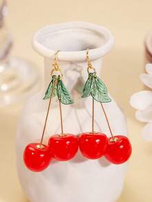 一对樱桃造型水果耳环，配以精致绿叶，卡通可爱树脂耳环，适合女孩佩戴 - 彩色 - 查看 2