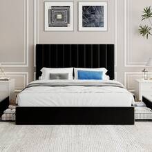 SHA CERLIN Full/Queen/King Size Platform Bed Frame With 4 Storage Drawers, Vertical Channel Tufted Adjustable Headboard, Velvet Upholstered, Wooden Slats Support, No Box Spring Needed, Easy Assembly, Black - Black - View 2
