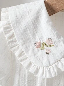 女童刺绣荷叶边领纽扣短袖衬衫，学院风夏季款 - 白色 - 查看 5