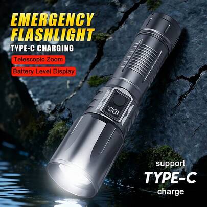 1 pezzo Super-luminoso torcia a LED in alluminio con funzione di power bank, 5 modalità, display LCD del consumo energetico, adatto per campeggio all'aperto, pesca, illuminazione di emergenza domestica