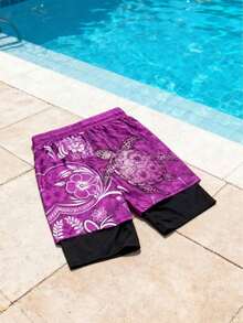 男士海洋生物印花抽绳腰双层沙滩短裤 - 彩色 - 查看 5