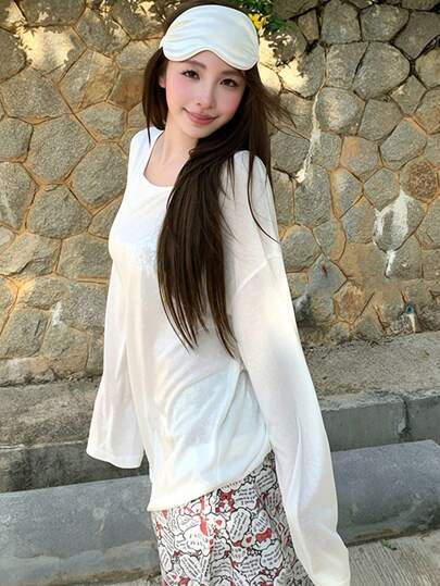 White Sheer Hollow-Out Backless Cover Up For Women, Lightweight Summer Korean Style Layering Long Sleeve T-Shirt Air Conditioning Jacket