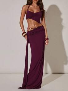 两件套女士优雅露背褶皱吊带背心和长裙，中等弹力，波西米亚休闲风，新款时尚创意夏季套装 - 紫色 - 查看 2