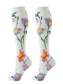1/3/6 Pairs Women Compression Socks, Cute Pattern Breathable Knee-High Socks Suitable For Running, Fitness, Jumping Rope, Gym - Multicolor - View 5