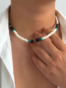 1件复古圆形木珠不对称CCB椰壳米珠吊坠项链，哥特朋克风，休闲简约风，街头风，摇滚派对风，男女皆宜的个性化百搭时尚项链礼物 - 項鍊 - 查看 2