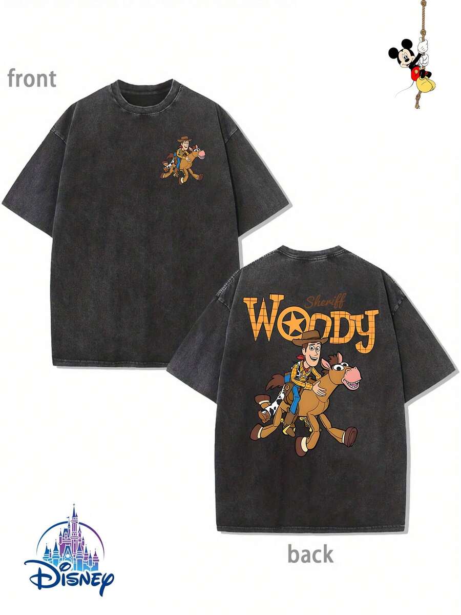 1 New Disney Cotton Washed T-Shirt, Disney Toy Story Sheriff Woody Double Printing, Round Neck Leisure And Comfortable Cotton Washed T-Shirt, Suitable For Sports And Daily Wear, A Good Choice For Gifts, A Must For Parties, High-Quality Clothing, Suitable For Gifts. - 黑色 - 查看 1