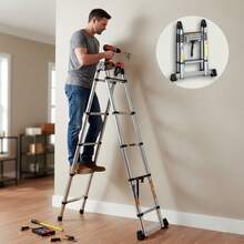 SAEIV Telescopic Folding Ladder, Stainless Steel, 4.2m (2.1 + 2.1m), Extendable Ladder, Non-Slip Stainless Steel Stepladder, Multi-Purpose Ladder, Telescopic Extension Ladder, 150kg Load Capacity - 2.1+2.1M - View 3