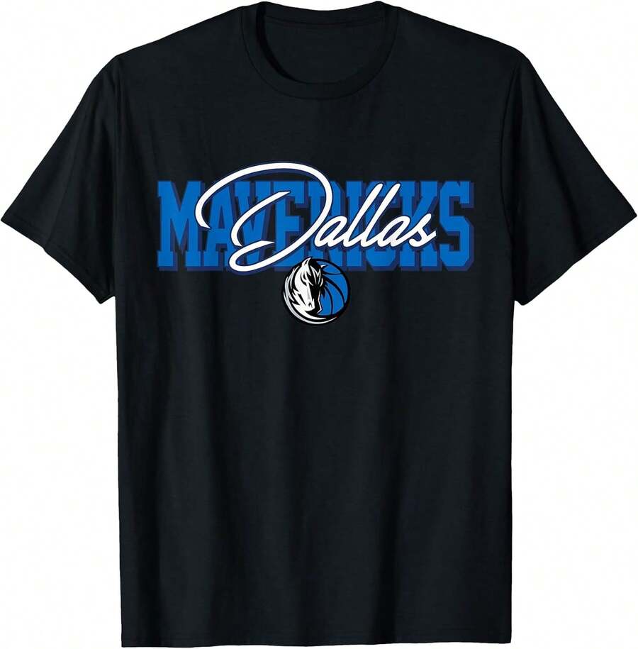Mens Clothes Dallas Mavericks Blockletter Script T-Shirt Cotton Men's T-Shirts, Graphic T-Shirts, Graphic Print Men's T-Shirts, Vintage Men's Shirts, Casual Men's T-Shirts, Festival T-Shirts - 黑色 - 查看 1