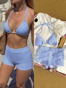 Women's Retro Plaid Print Sexy Bikini Set, Light Blue High Waist Bottoms, Gym Wear, New Year Outfit, Short Bikini/Outerwear Set/Casual/Millennium/Western Style/Nightclub/Beach Swimwear - Blue - View 7