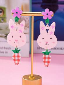 1对时尚复活节亚克力耳环，兔子和胡萝卜花朵耳钉吊坠，可爱流行的女士饰品 - 兔 - 查看 3