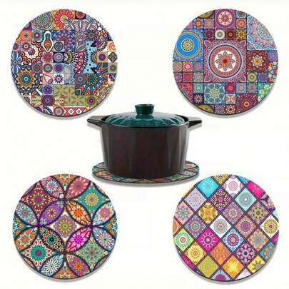4 piezas Manteles individuales de madera resistentes al calor con diseño de mandala colorido - Salvamanteles a prueba de calor, versátiles y antideslizantes para la cocina, mesa de comedor, encimeras y platos calientes, perfectos para el hogar, la oficina, fiestas y días festivos