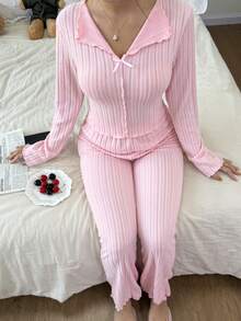 女士春夏时尚休闲罗纹法兰绒蝴蝶结V领长袖上衣和阔腿裤舒适睡衣套装，两件套 - 粉色 - 查看 4