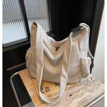 Large Women's Tote Bag In Corduroy Velvet | Modern, Lightweight And Spacious Casual Shoulder Bag For Everyday Use, Work And College - Màu be - Xem 5