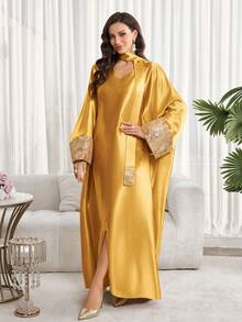 女士V领提花休闲宽松连衣裙配围巾，奢华女士阿巴雅长袍，奢华卡夫坦长袍和贾拉比亚长袍，婚礼派对礼服，夏季度假装，适合春季派对和郊游 - 金色 - 查看 2
