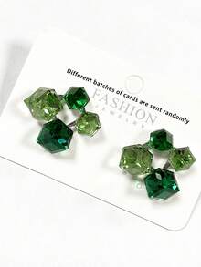 1 Pair Geometric Cube Stud Earrings, Gradient Candy Cube Versatile Earrings For Women, Party & Gift - Green - View 4