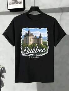 Maglietta grafica con castello del Québec, Canada, tessuto di qualità, design grafico, casual, traspirante - nero - Visualizzare 2