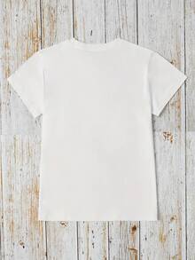 Camiseta Con Estampado Gráfico, Manga Corta Y Cuello Redondo, Top Casual Para Verano Y Primavera, Ropa De Mujer - [Blanco] - Ver 2