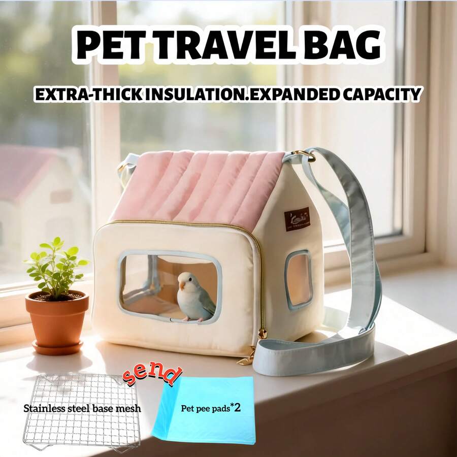 Cute Bird Travel Bag | Waterproof Warm Breathable | Comes With 2 Diaper Pads + Stainless Steel Net | Diagonal Travel Parrot Carrier Bag - Baby Pink - View 1
