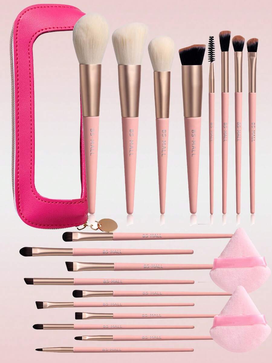 BS-MALL 高性价比 21 件套精准化妆刷套装，包含 18 支化妆刷 + 2 个粉色化妆海绵 + 1 个玫瑰红三角化妆海绵，高品质、不刺激、不掉毛的化妆工具套装，包含散粉刷、轮廓刷、腮红刷、粉底刷、眼影刷和鼻部修容刷。 - 淺粉色 - 查看 1