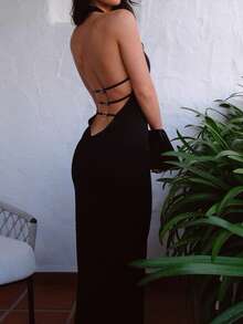 Đầm dệt kim ôm sát, hở lưng, không tay, xẻ tà, thanh lịch và gợi cảm, thích hợp cho tiệc tối. - màu đen - Xem 5