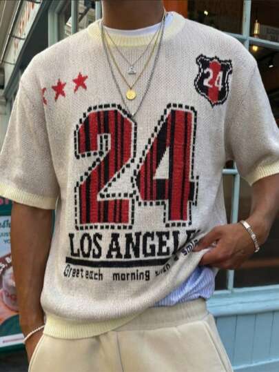 ANDREILEE Spring/Summer New Vintage Style Jersey Numeric Code Graphic Streetwear Minimalist Short Sleeve Knit Top